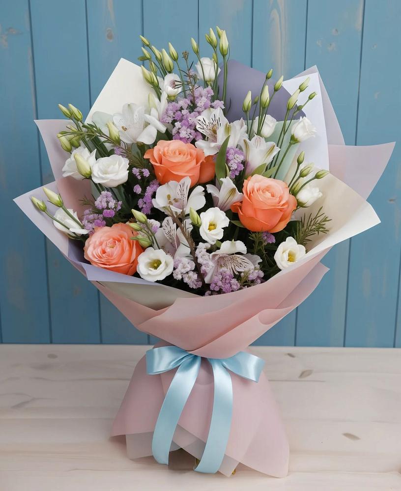 Букет цветов из: Лизиантусы, Розы, Альстромерии и Гипсофила в Терекли-Мектебе